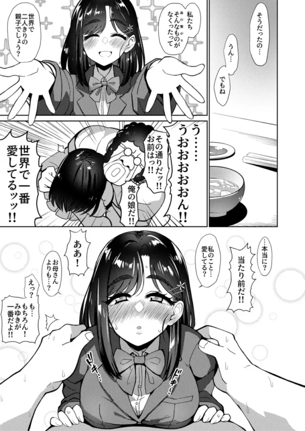 【エロ同人】男手ひとつで育て上げた容姿端麗×頭脳明晰×性欲激強などスケベ爆乳ファザコン娘と生ハメ中出し近親相姦しちゃう話【エロ漫画 無料】_(4)